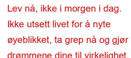 Lev nå, ikke i morgen i dag. Ikke utsett livet for å nyte øyeblikket, ta grep nå og gjør drømmene dine til virkelighet.